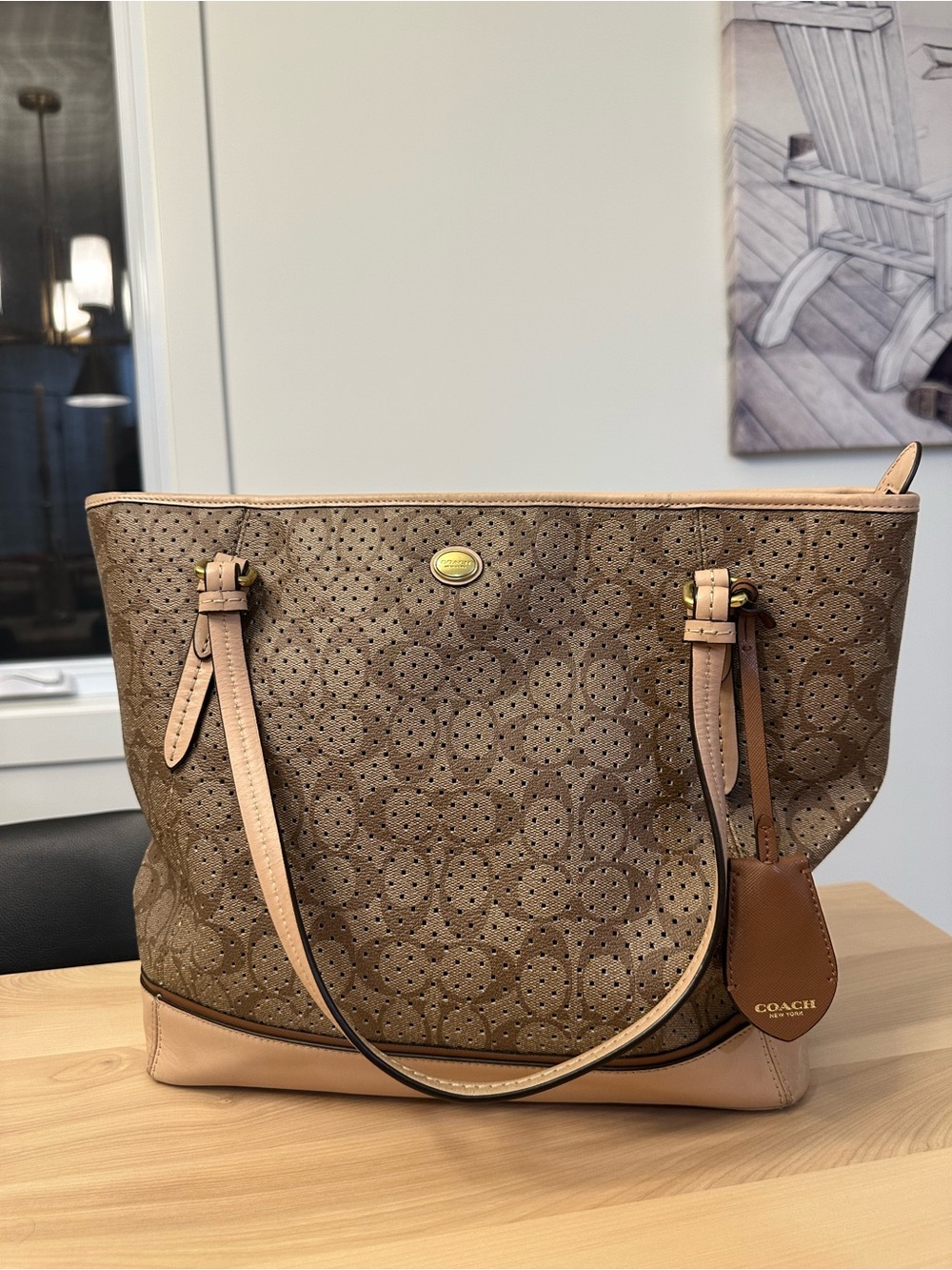 Vintage Coach Peyton F29886 Perforated Signature Zip Top Tote Y2K Tan